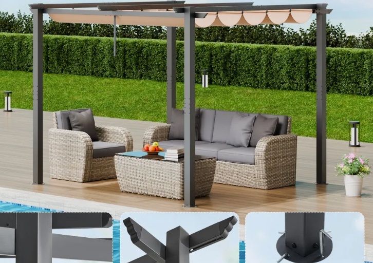 Béžová pergola – zaťahovacia vonkajšia, hliníková so zaťahovacou strieškou, moderná so slnečnou strechou na terasy a záhrady, 10'x10' – Obrázok 3