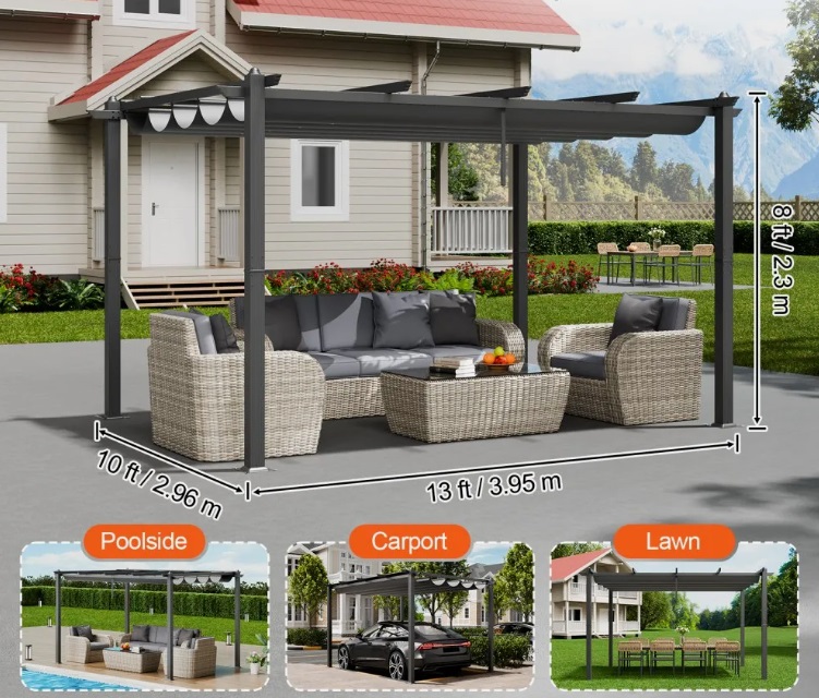 Sivá pergola – zaťahovacia vonkajšia, hliníková so zaťahovacou strieškou, moderná so slnečnou strechou na terasy a záhrady, 10'x13' – Obrázok 3
