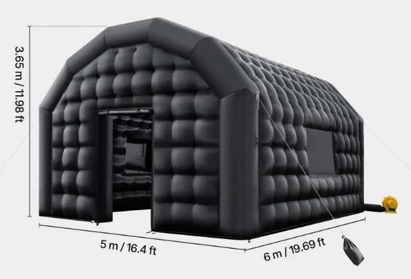 Nafukovací stan – párty stan, kockový pre diskotéku, pavilónový svadobný, s ventilátorom 680 W, vrece s pieskom, 2 okná, na akcie, čierny, 6x5x3,65 m – Obrázok 4