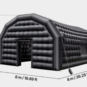 Nafukovací stan – párty stan, kockový pre diskotéku, pavilónový svadobný, s ventilátorom 1100 W, vrece s pieskom, 2 okná, na akcie, čierny, 8x6x4 m