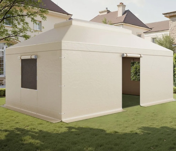 Ochranný kryt – zimný na altánok, s bočnými stenami a sieťovanými oknami, na úložný priestor, bez altánku, pre rozmery 3,66x6,1 m s dvojitou strechou – Obrázok 3