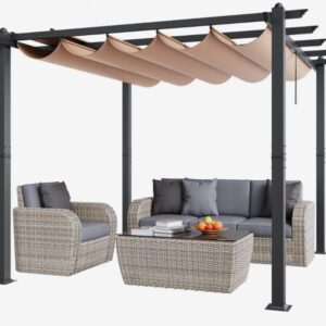 Béžová pergola – výsuvná vonkajšia, hliníková s výsuvnou strieškou, moderná so slnečnou strechou na terasy a záhrady, 2,97x2,97 m