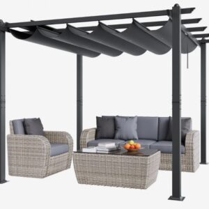 Sivá pergola – záhradný altánok so strechou proti slnku, ochrana UV50+, strieška nad terasu, na záhrady a verandy, 2,97x2,97x2,3 m