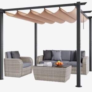 Béžová pergola – zaťahovacia vonkajšia, hliníková so zaťahovacou strieškou, moderná so slnečnou strechou na terasy a záhrady, 10'x10'