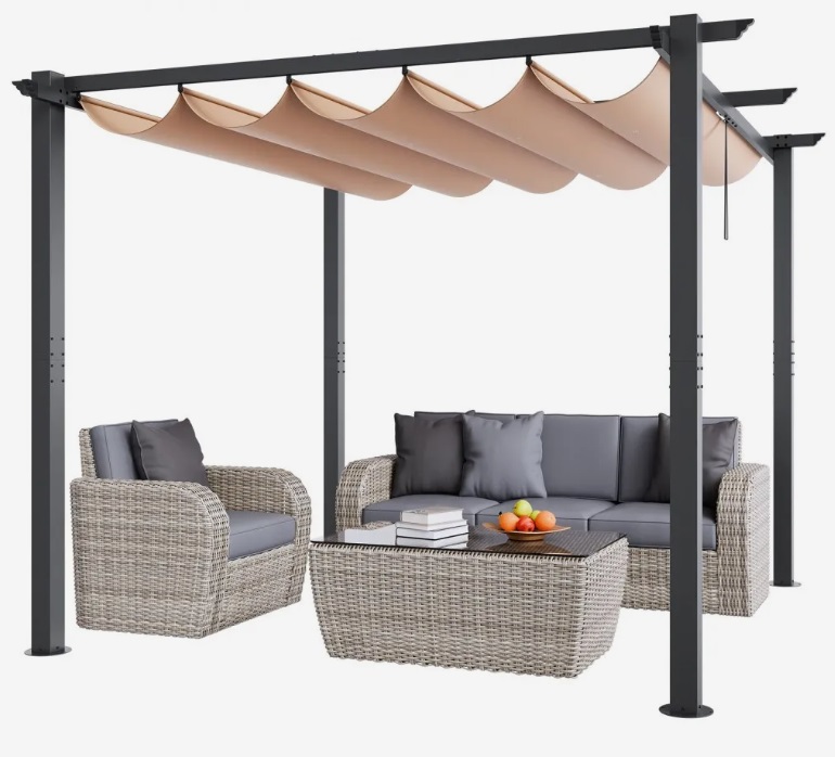 Béžová pergola – zaťahovacia vonkajšia, hliníková so zaťahovacou strieškou, moderná so slnečnou strechou na terasy a záhrady, 10'x10'