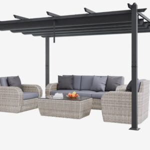 Sivá pergola – zaťahovacia vonkajšia, hliníková so zaťahovacou strieškou, moderná so slnečnou strechou na terasy a záhrady, 10'x13'