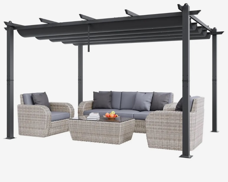 Sivá pergola – zaťahovacia vonkajšia, hliníková so zaťahovacou strieškou, moderná so slnečnou strechou na terasy a záhrady, 10'x13'
