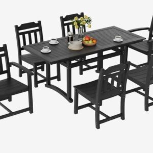 Čierna sada – záhradného nábytku, 7-dielna, balkónová, Model WS-SS-002, vysoko odolný polystyrén (HIPS), 1 stôl + 6 stoličiek, nosnosť 150 kg / 150 kg, odolná voči poveternostným vplyvom a slnku, na terasu, čistá hmotnosť stola 36 kg, stoličky 25 kg / 20,55 kg