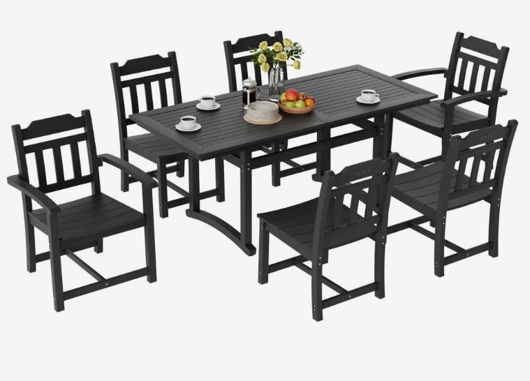 Čierna sada – záhradného nábytku, 7-dielna, balkónová, Model WS-SS-002, vysoko odolný polystyrén (HIPS), 1 stôl + 6 stoličiek, nosnosť 150 kg / 150 kg, odolná voči poveternostným vplyvom a slnku, na terasu, čistá hmotnosť stola 36 kg, stoličky 25 kg / 20,55 kg