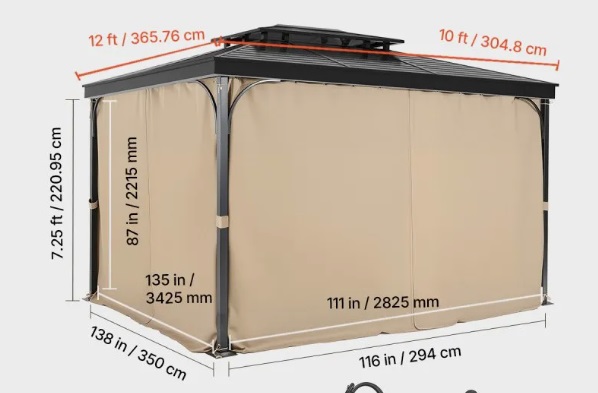 Khaki záves – na altánok, 4-panelový bočný na súkromie, so zipsami, náhrada za terasový prístrešok, iba závesy, 2825x342x2215 mm