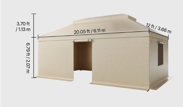 Ochranný kryt – zimný na altánok, s bočnými stenami a sieťovanými oknami, na úložný priestor, bez altánku, pre rozmery 3,66x6,1 m s dvojitou strechou