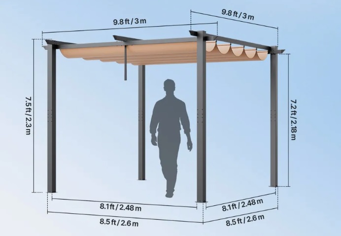 Béžová pergola – zaťahovacia vonkajšia, hliníková so zaťahovacou strieškou, moderná so slnečnou strechou na terasy a záhrady, 10'x10' – Obrázok 2