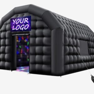 Nafukovací stan – párty stan, kockový pre diskotéku, pavilónový svadobný, s ventilátorom 680 W, vrece s pieskom, 2 okná, na akcie, čierny, 6x5x3,65 m