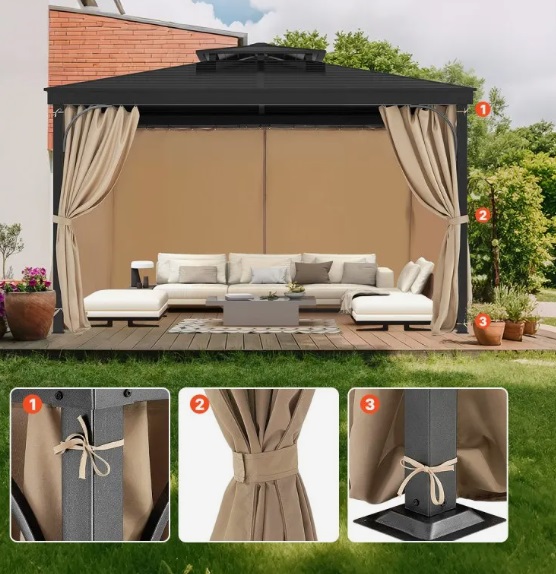 Khaki záves – na altánok, 4-panelový bočný na ochranu súkromia, so zipsami, náhrada za terasový prístrešok, iba závesy, 2840x2840x2040 mm – Obrázok 2
