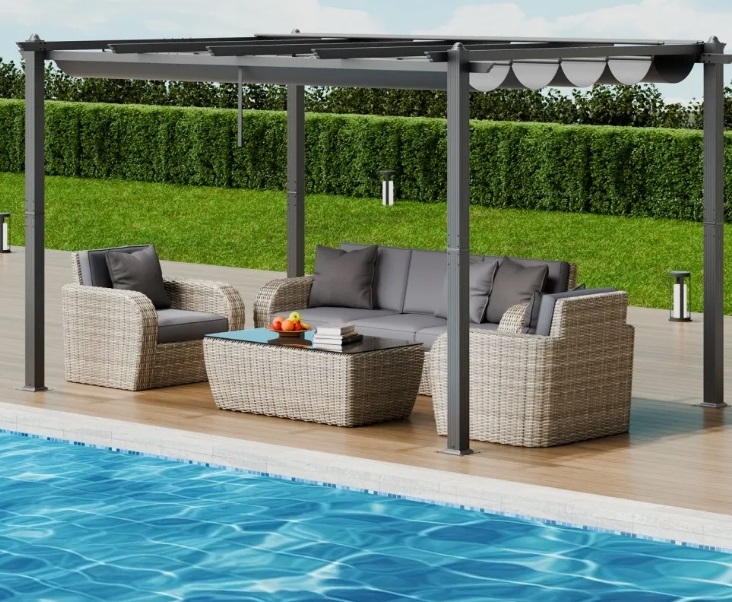 Sivá pergola – zaťahovacia vonkajšia, hliníková so zaťahovacou strieškou, moderná so slnečnou strechou na terasy a záhrady, 10'x13' – Obrázok 5