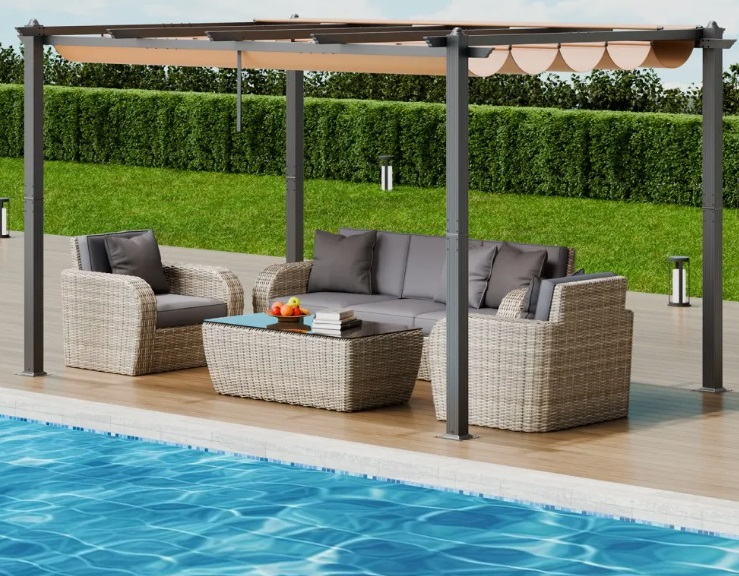 Béžová pergola – záhradný altánok so strechou proti slnku, ochrana UV50+, strieška nad terasu, na záhrady a verandy, 2,96x3,95x2,3 m – Obrázok 2