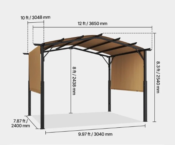 Zaťahovacia pergola – záhradná s klenutou strechou, altánok so slnečnou strechou, veľký terasový, na dvor, verandu a bazén, 3650x3048x2540 mm – Obrázok 2