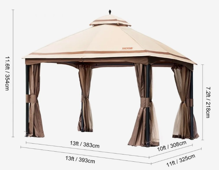 Záhradný altánok – pre 10-12 osôb, s moskytiérou, kovovým rámom a PU potiahnutou polyesterovou strieškou z 180G, na terasu a záhradu, 393x325 cm – Obrázok 2