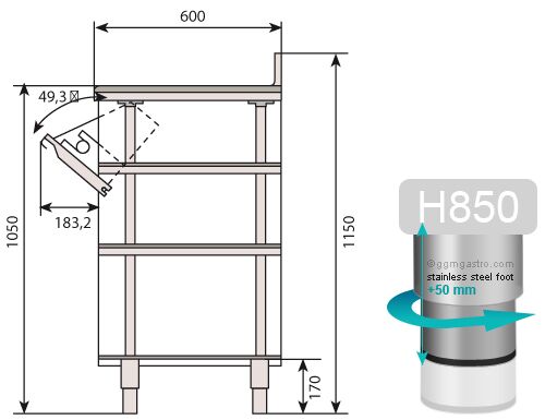 Nerezová pracovná skrinka pod kávovar — 1000 x 600 mm, s klopadlom, 2 zásuvky, 2 dvierka, zvýšené obloženie – Obrázok 5