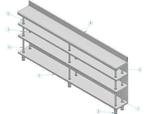 Nerezový barový pracovný stôl — 2452 x 600 mm, so 4 policami – Obrázok 3