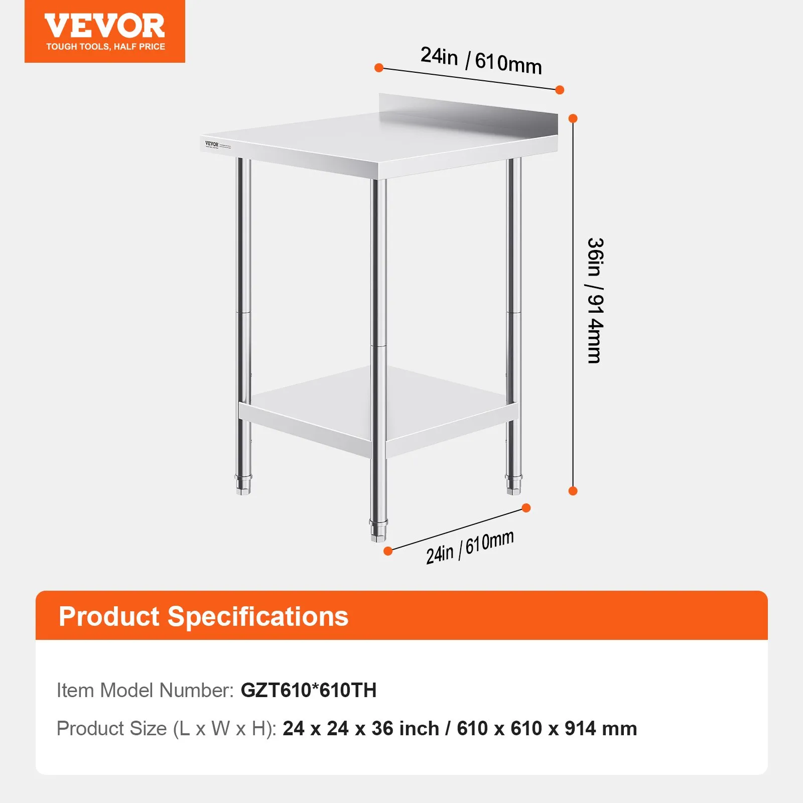 Nerezový pracovný stôl - komerčný, robustný kovový, výškovo nastaviteľný, rozmery 610 x 610 x 914 mm, na prípravu jedál, pre reštaurácie, domácnosti a hotely – Obrázok 4