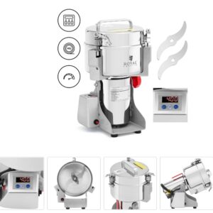 Elektrický veľkokapacitný mlynček – Royal Catering, digitálny, na korenie a suroviny, kapacita 2000 g, rozmer 21 x 9,5 cm, výkon 3400 W