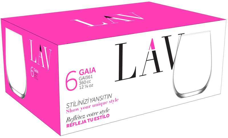 Sklenený pohár – Gaia, LAV, na vodu, 360 ml, 63x100 mm, bal. 6 ks – Obrázok 2