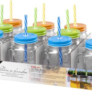 Sklenený pohár – MagicHome, so slamkou, s farebným viečkom, 480 ml, Sellbox 12 ks