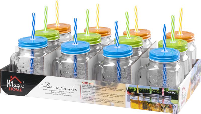 Sklenený pohár – MagicHome, so slamkou, s farebným viečkom, 480 ml, Sellbox 12 ks