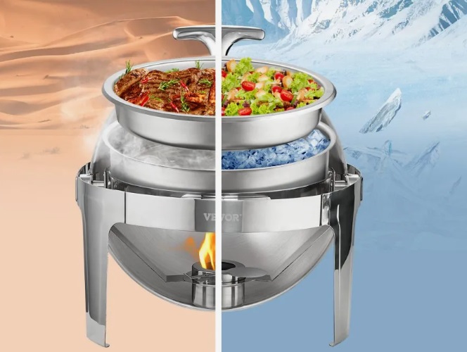 Nerezový cateringovej ohrievač Chafing – súprava 2 ks, okrúhly, rolovacie veko, 2x 5,5 l, klasický – Obrázok 4