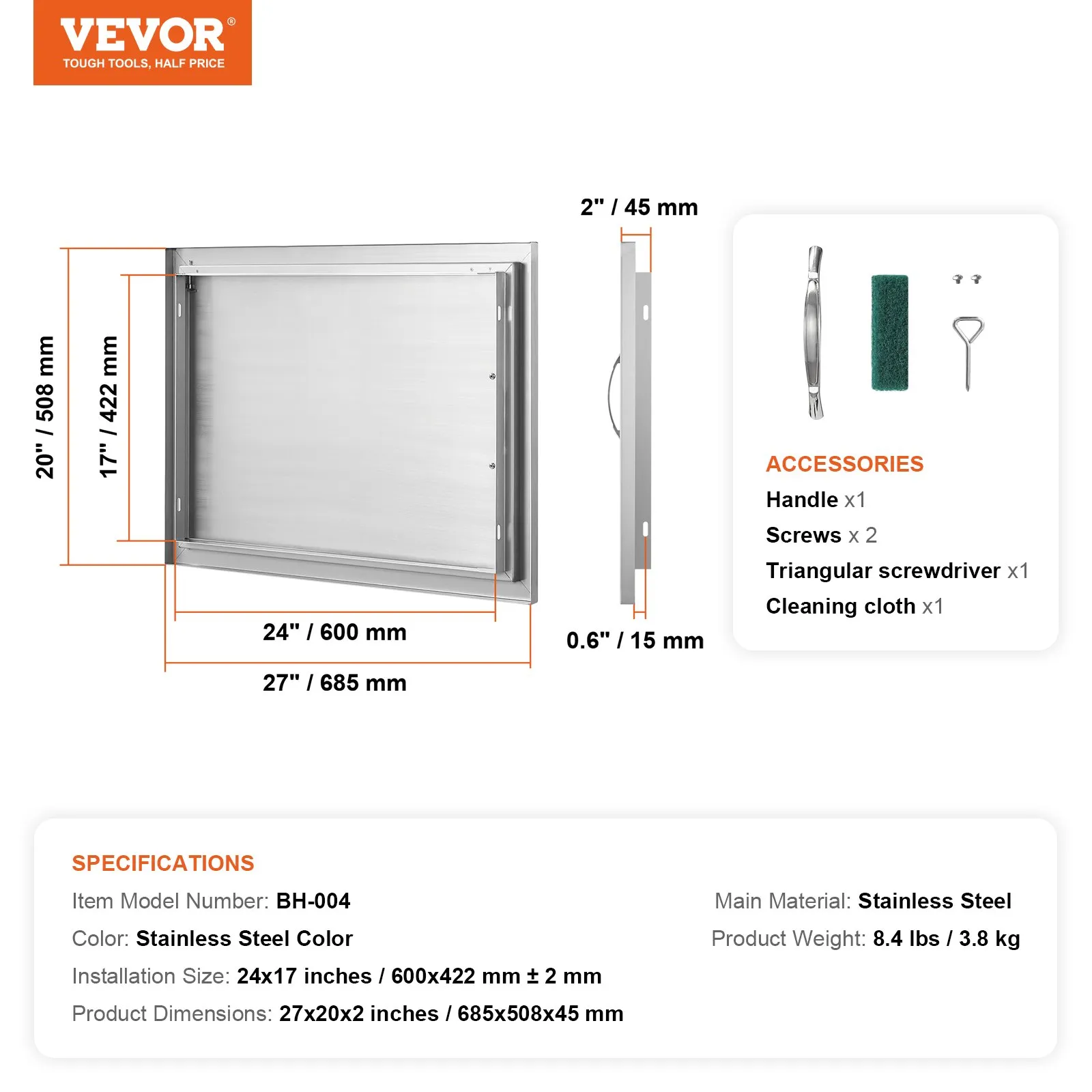 Nerezové prístupové dvierka - jednoduché, zapustené, zvislé nástenné, s úchytkou, rozmery 685 x 508 mm, pre grilovací ostrovček, stanicu a vonkajšiu skrinku – Obrázok 2
