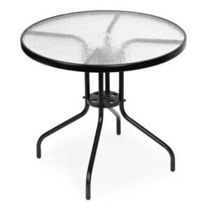 Okrúhly stôl – záhradný, MultiGarden, priemer 80 cm, tvrdené sklo, otvor na slnečník, na terasu, záhradu alebo balkón