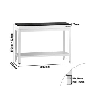 Nerezový stôl – prémiový pracovný, PREMIUM, 1000x600 mm, so základnou policou, vrátane žulovej pracovnej dosky