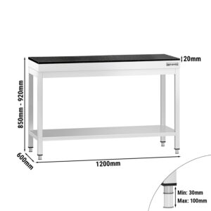 Nerezový stôl – prémiový pracovný, PREMIUM, 1200x600 mm, so základnou policou, vrátane žulovej pracovnej dosky