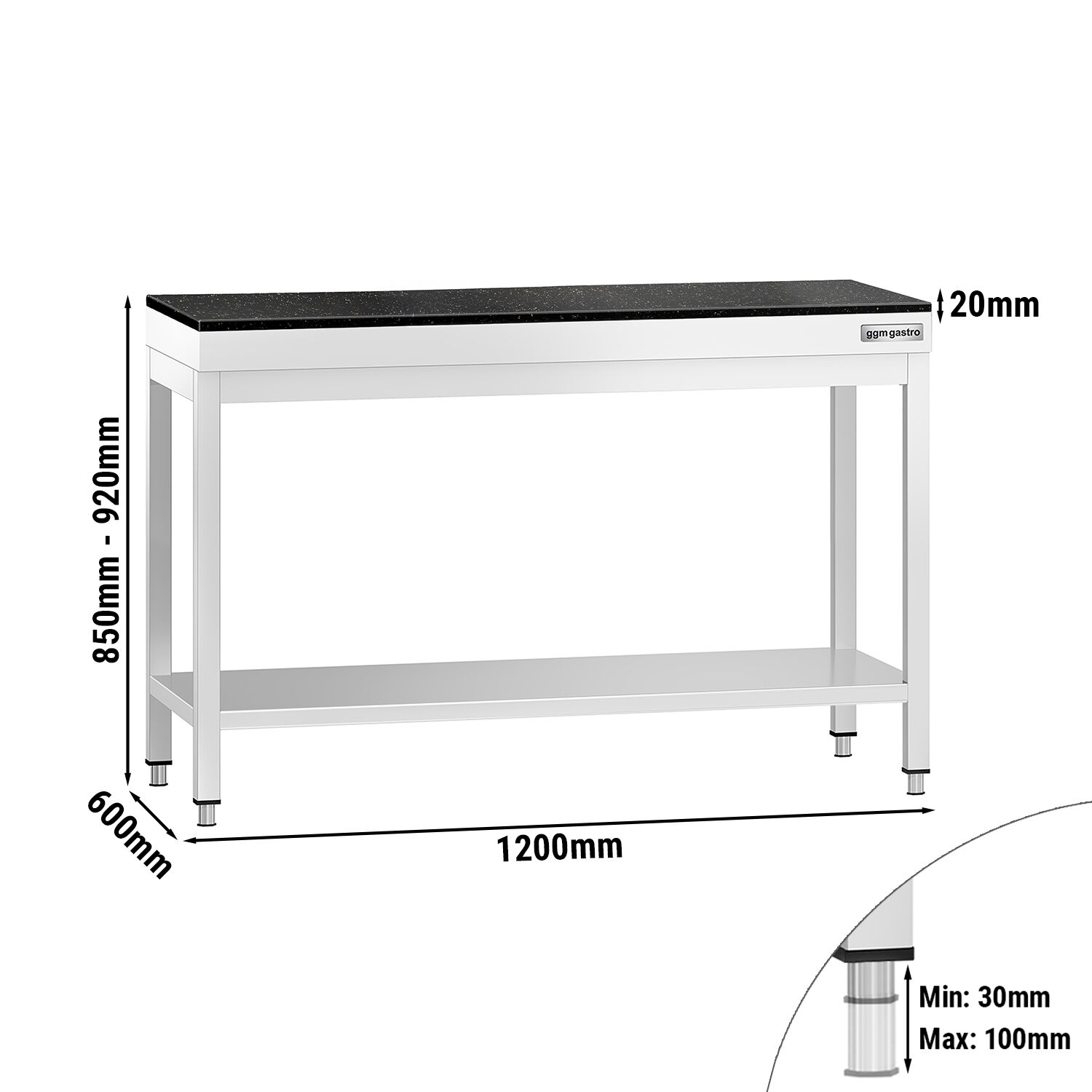 Nerezový stôl – prémiový pracovný, PREMIUM, 1200x600 mm, so základnou policou, vrátane žulovej pracovnej dosky