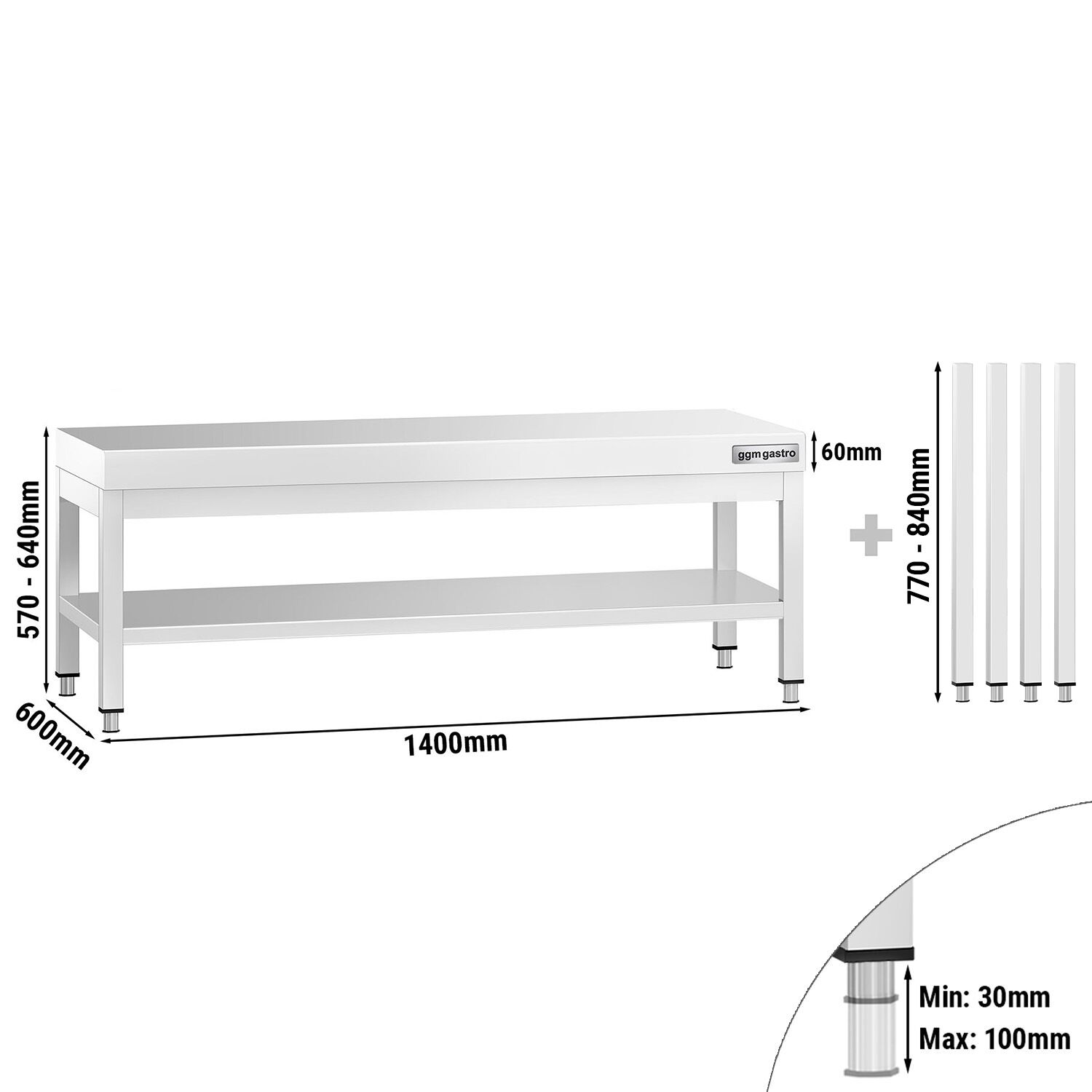 Nerezový podpultový stôl – so základnou policou, rozmer 1400 x 600 mm – Obrázok 3