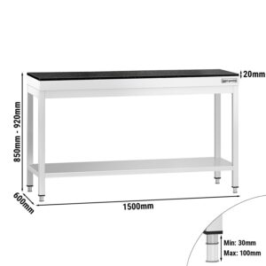 Nerezový stôl – prémiový pracovný, PREMIUM, 1500x600 mm, so základnou policou, vrátane žulovej pracovnej dosky