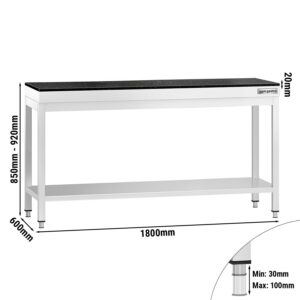 Nerezový stôl – prémiový pracovný, PREMIUM, 1800x600 mm, so základnou policou, vrátane žulovej pracovnej dosky
