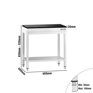 Nerezový stôl – prémiový pracovný, PREMIUM, 600x600 mm, so základnou poličkou, vrátane žulovej pracovnej dosky