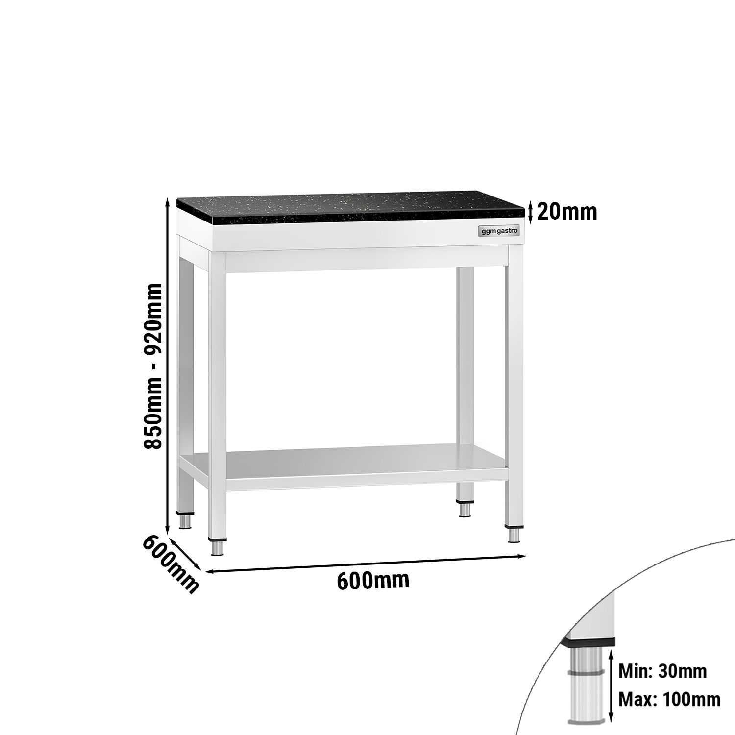 Nerezový stôl – prémiový pracovný, PREMIUM, 600x600 mm, so základnou poličkou, vrátane žulovej pracovnej dosky