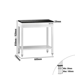 Nerezový stôl – prémiový pracovný, PREMIUM, 600x700 mm, so základnou policou, vrátane žulovej pracovnej dosky