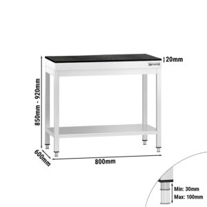 Nerezový stôl – prémiový pracovný, PREMIUM, 800x600 mm, so základnou poličkou, vrátane žulovej pracovnej dosky