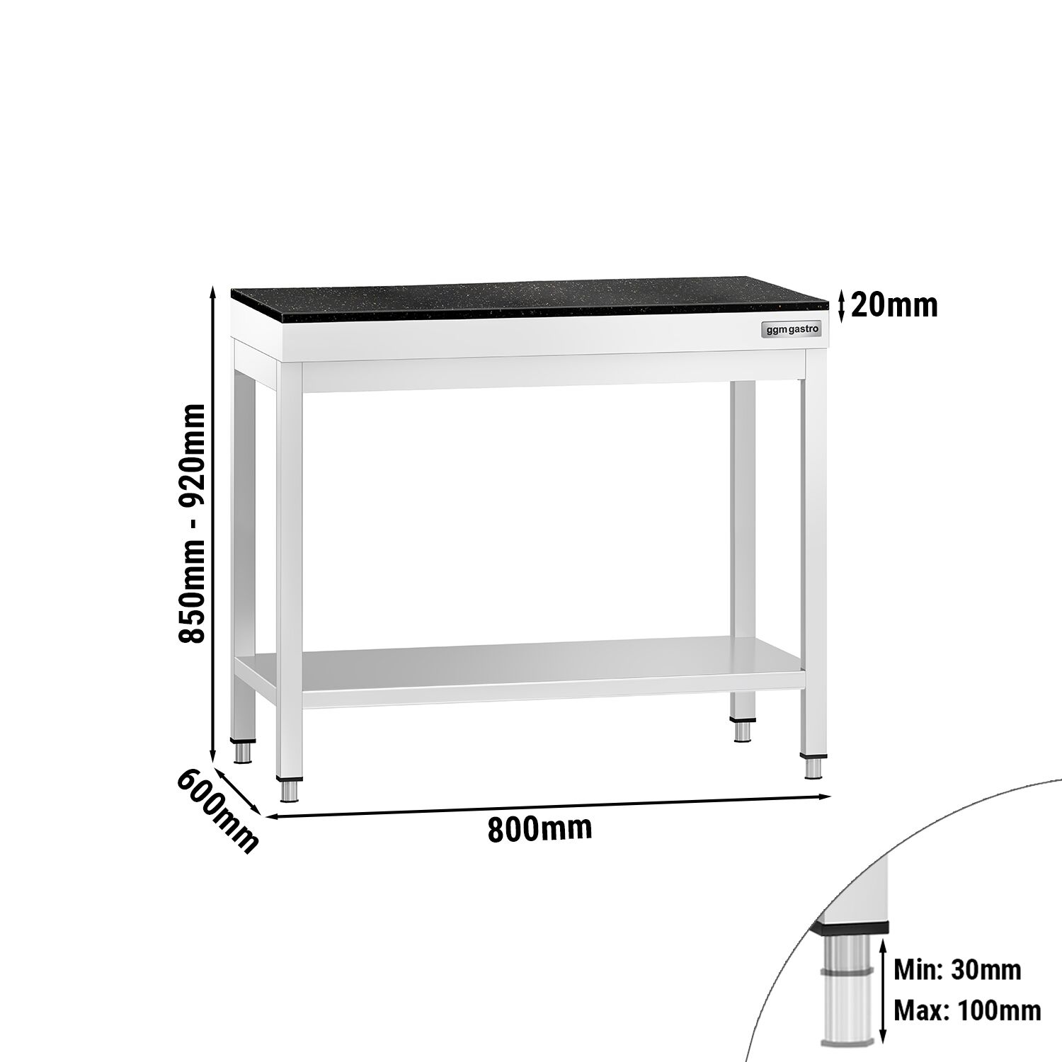 Nerezový stôl – prémiový pracovný, PREMIUM, 800x600 mm, so základnou poličkou, vrátane žulovej pracovnej dosky