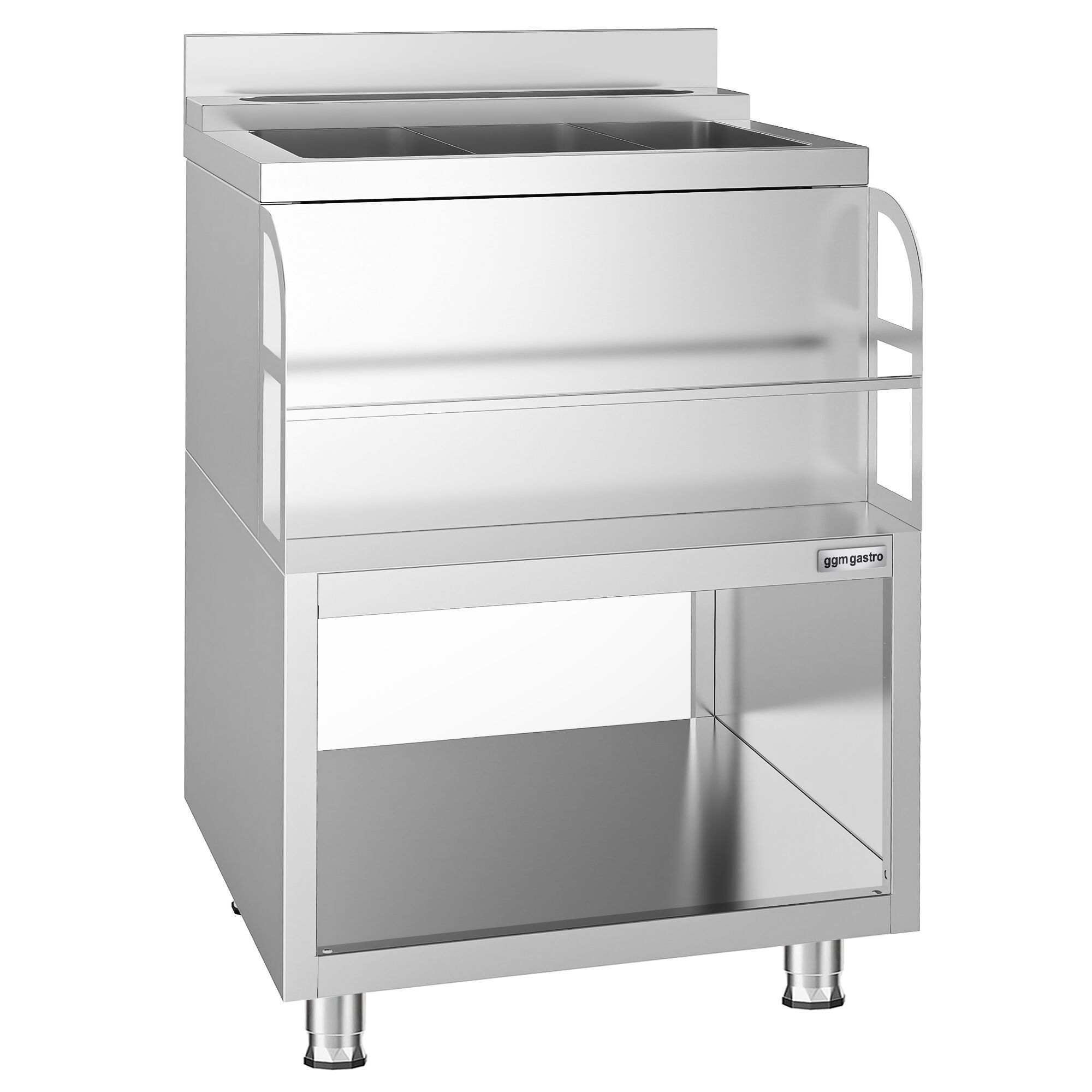 Nerezová koktailová stanica — 600 x 600 mm, 3 chladiace misky, držiak na fľaše – Obrázok 5