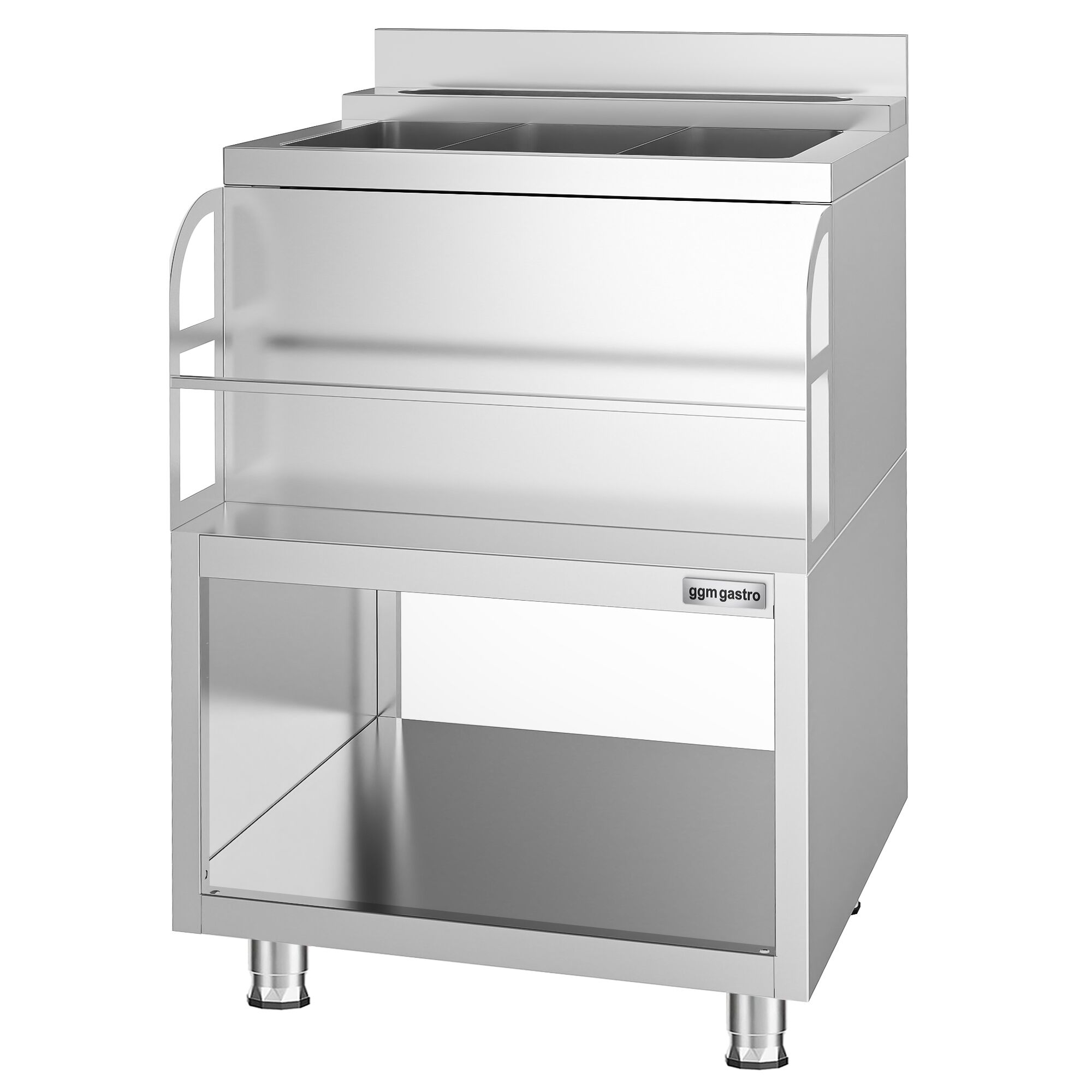 Nerezová koktailová stanica — 600 x 600 mm, 3 chladiace misky, držiak na fľaše – Obrázok 4