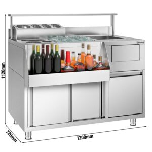 Nerezový stôl na prípravu koktailov — 1200 x 720 mm, s 2 posuvnými dverami
