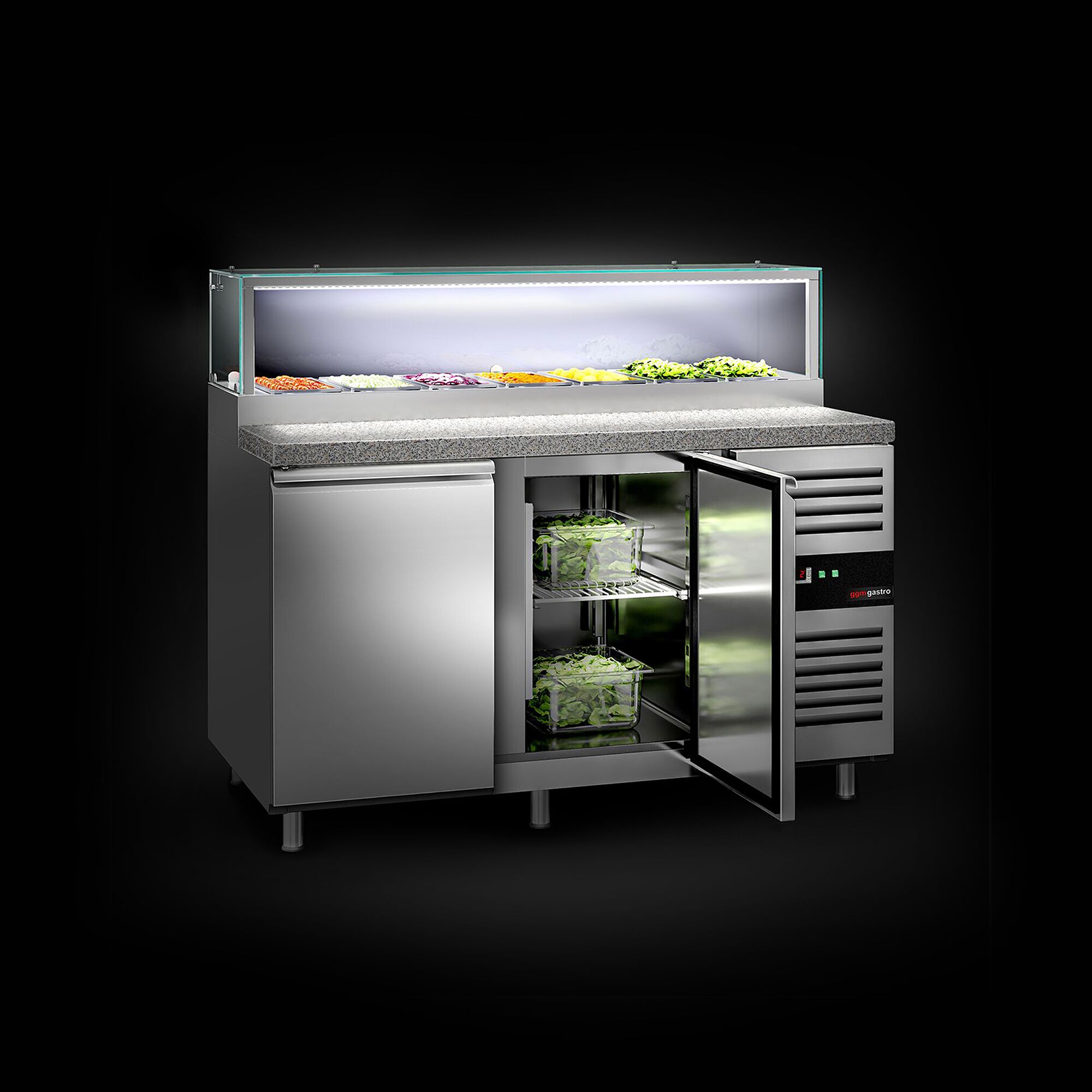 Chladiaca saladeta PREMIUM — šírka 1510 mm, 2x dvierka, sklenená nadstavba, pre 7x GN 1/3 – Obrázok 9