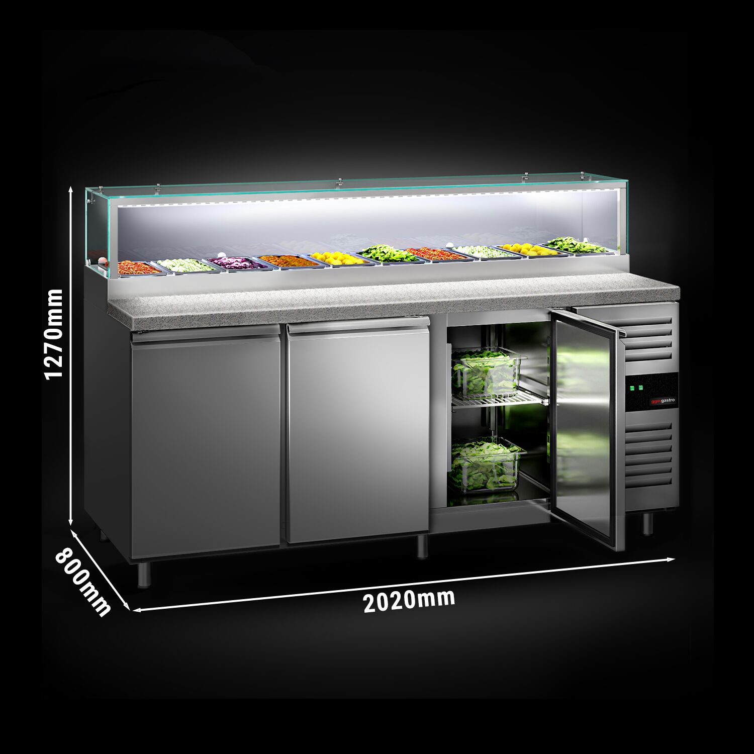 Chladiaca saladeta PREMIUM — šírka 2020 mm, 3x dvierka, sklenená nadstavba, pre 10x GN 1/3