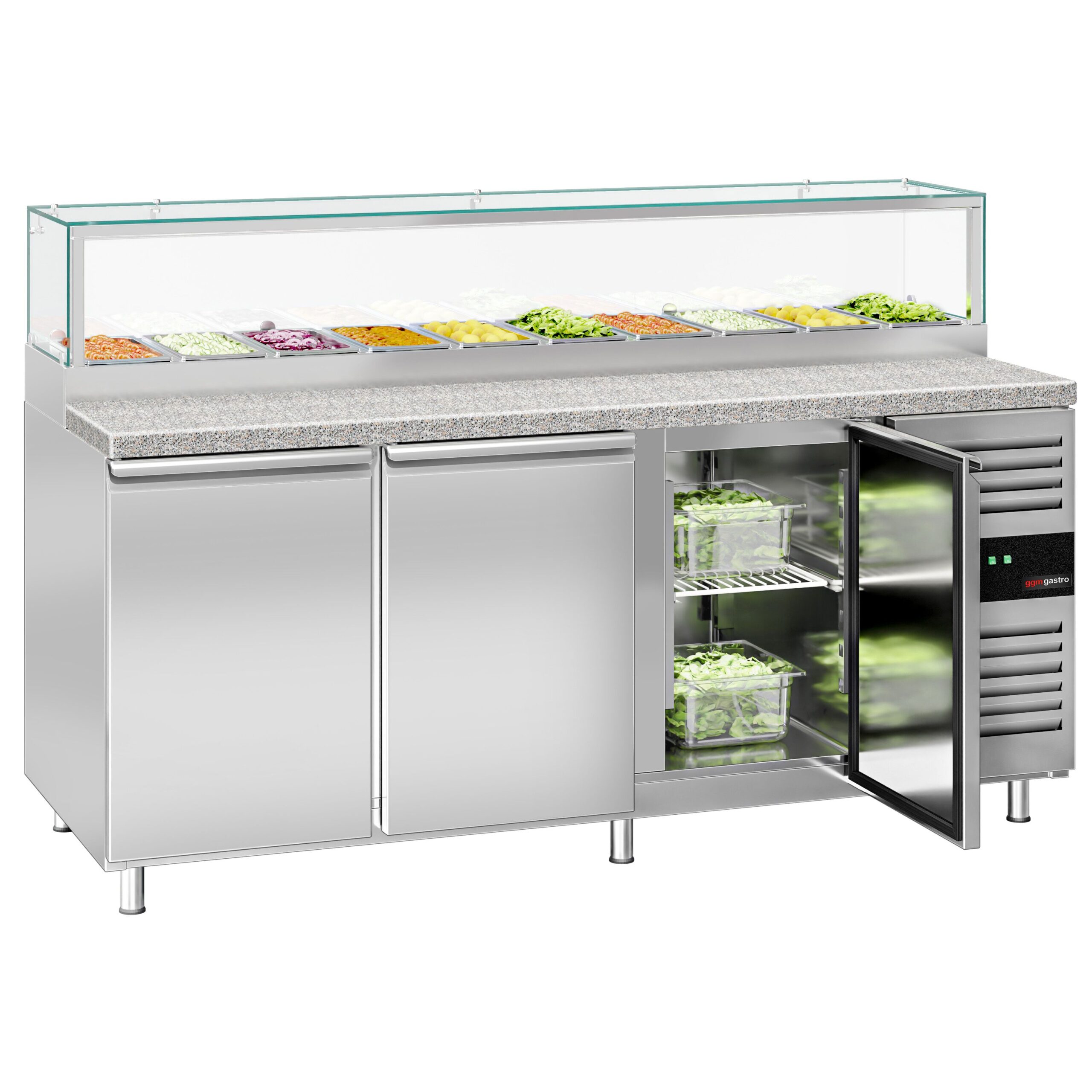 Chladiaca saladeta PREMIUM — šírka 2020 mm, 3x dvierka, sklenená nadstavba, pre 10x GN 1/3 – Obrázok 2