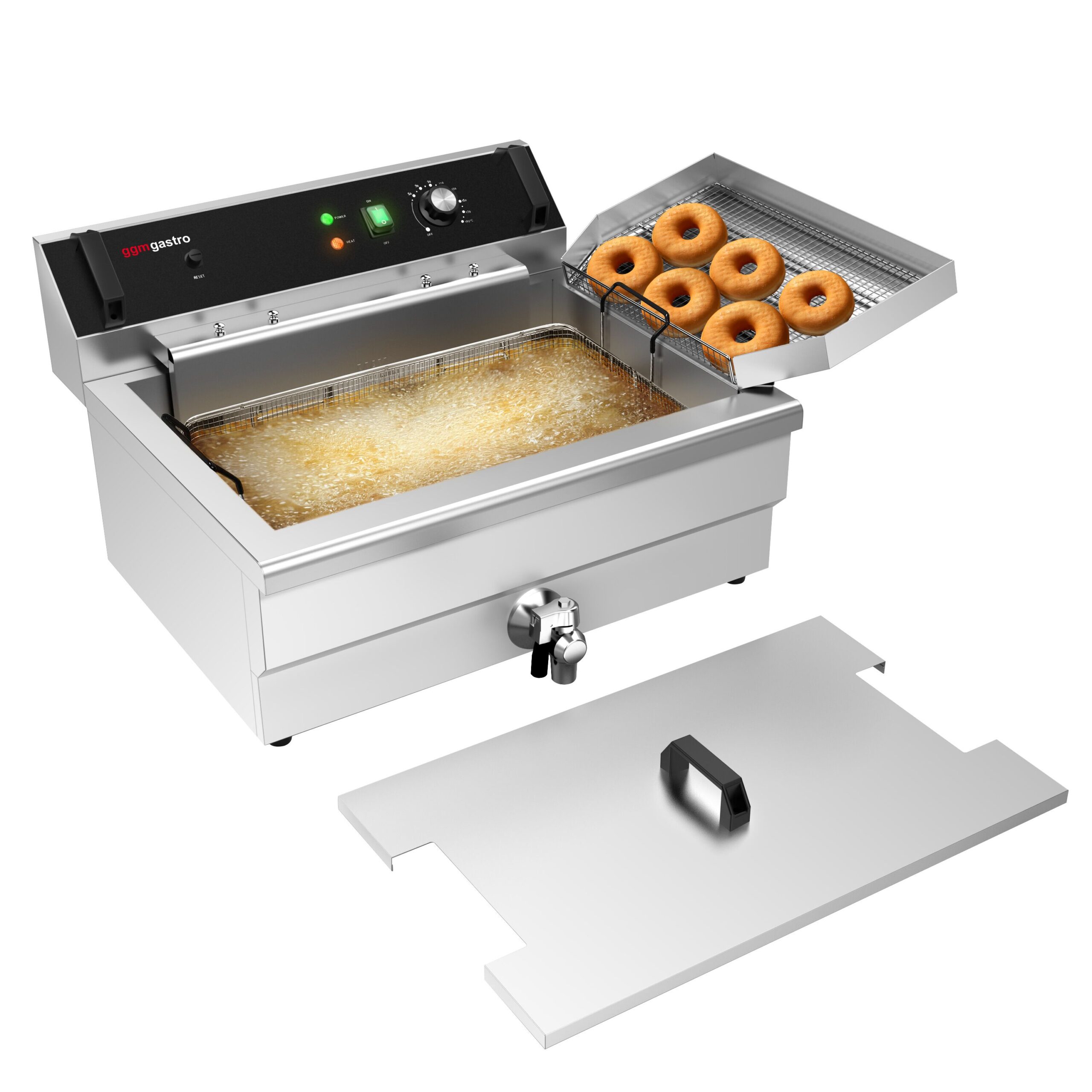 Profesionálna gastro fritéza — objem 30 litrov, s vypúšťacím kohútikom a mriežkou, 5 kW – Obrázok 8